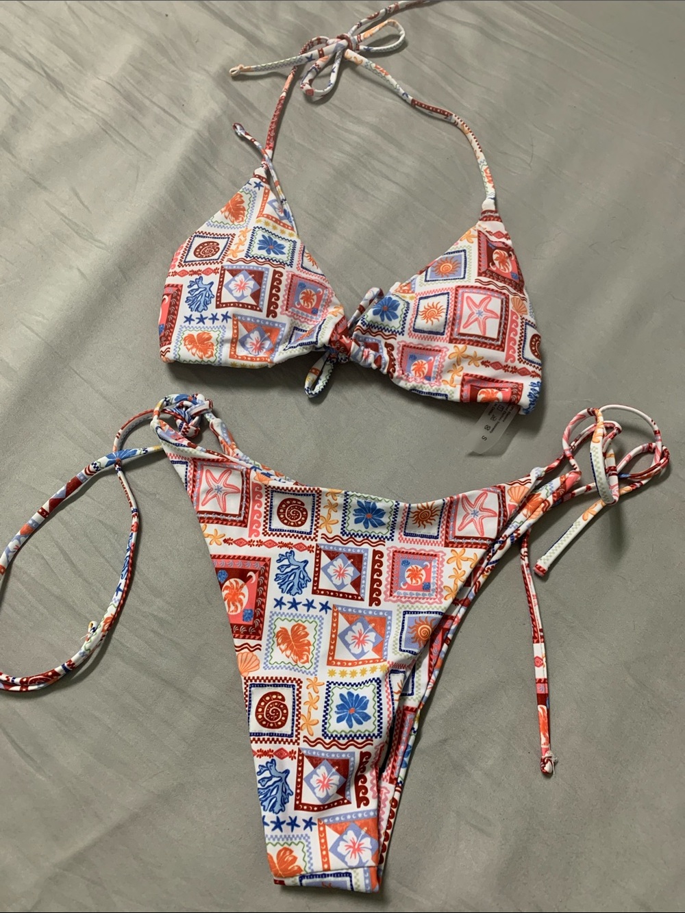 Tile Print Adjustable Triangle Bikini Set in Red, Blue & Orange